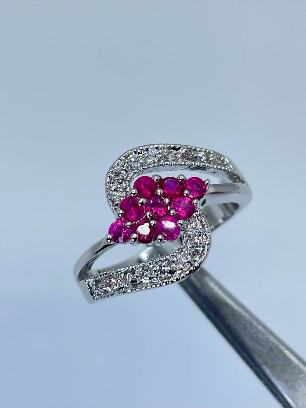 Swarovski Ruby Pink Diamond White Crystal Elements Ring CZ Halo Silver Sz 7